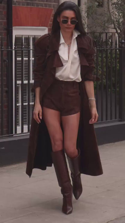 Long Suede Trench Coat – Belted Double-Breasted Elegance