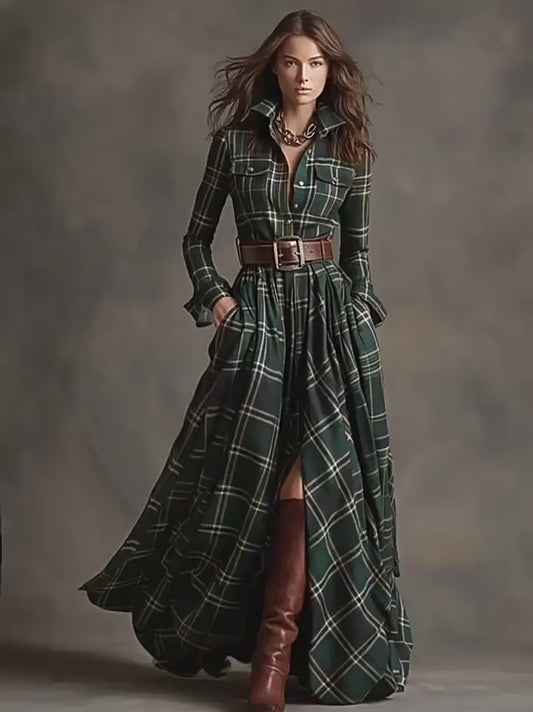 Retro Plaid Maxi Shirt Dress – Long Sleeve & Slit Detail