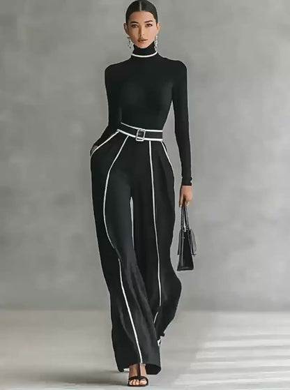 Elegant Knit Set – Slim Top & Wide-Leg Pants Contrast Chic