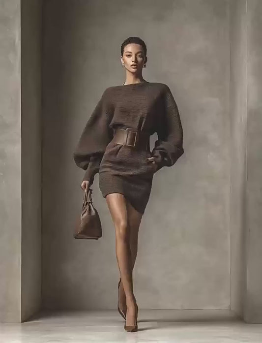 Slash-Neck Knit Mini Sweater Dress – Belted & Slim Fit