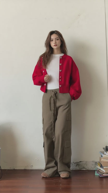 Cropped Knit Cardigan – Heart Button Detail