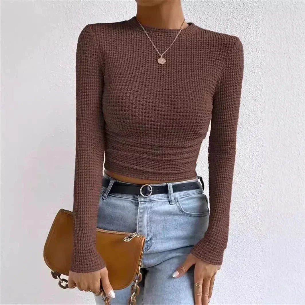 Round - Neck Waffle Tee – Chic Plaid Texture Crop - LunaKit.LTD