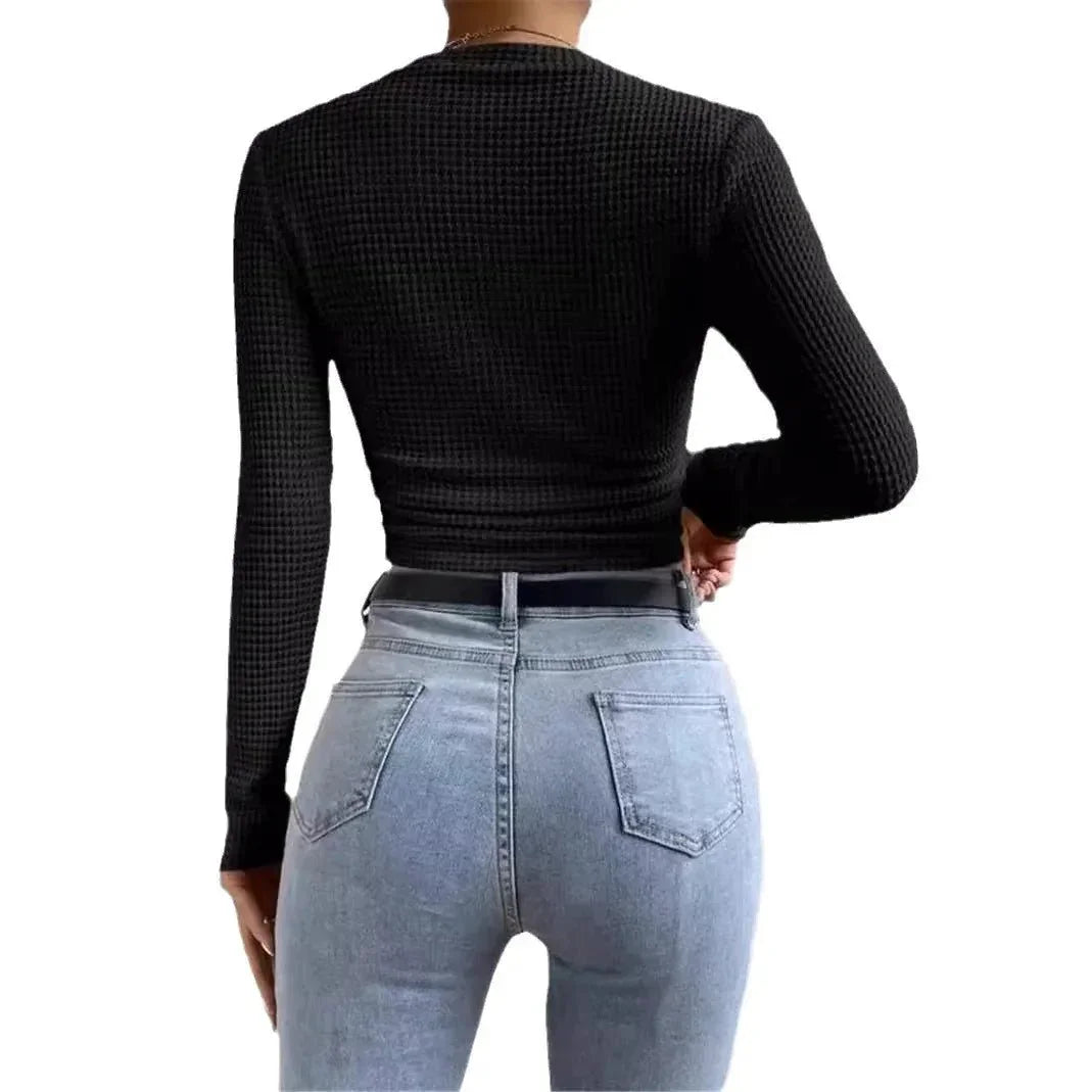 Round - Neck Waffle Tee – Chic Plaid Texture Crop - LunaKit.LTD