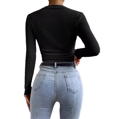 Round - Neck Waffle Tee – Chic Plaid Texture Crop - LunaKit.LTD