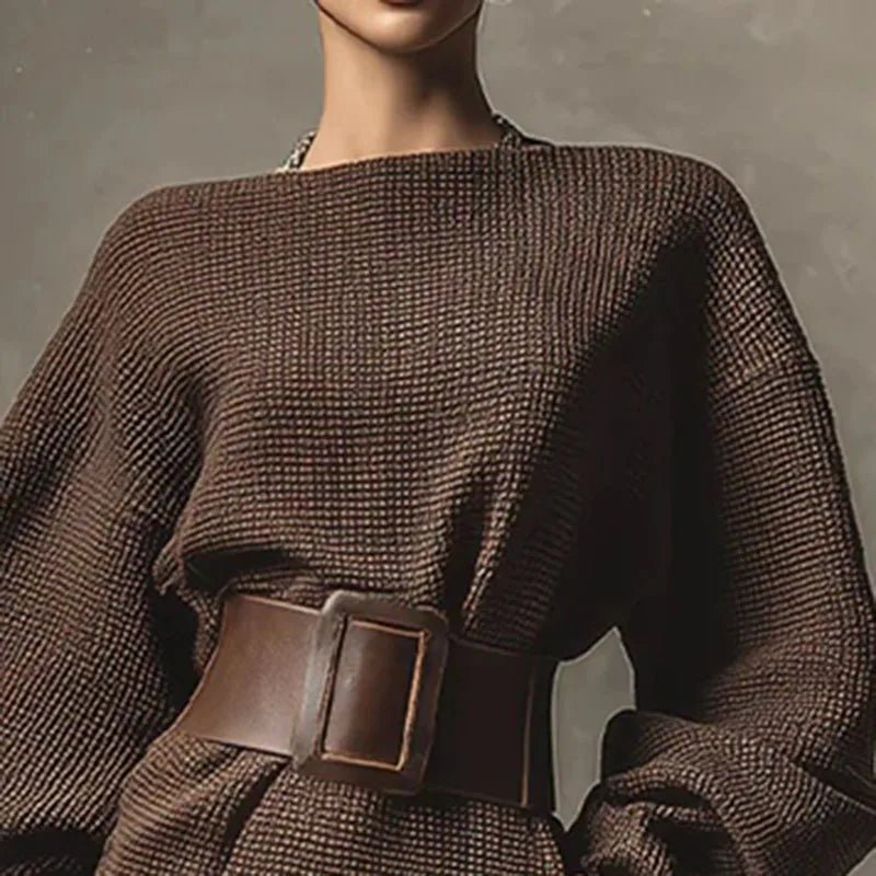 Slash - Neck Knit Mini Sweater Dress – Belted & Slim Fit - LunaKit.LTD