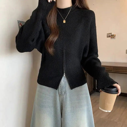 Solid Knitted Zipper Sweater - LunaKit.LTD