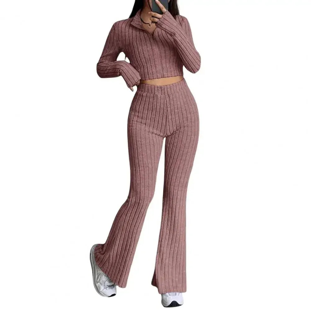 Spring Knit Suit Set – Zipped Top & Flared Pants - LunaKit.LTD