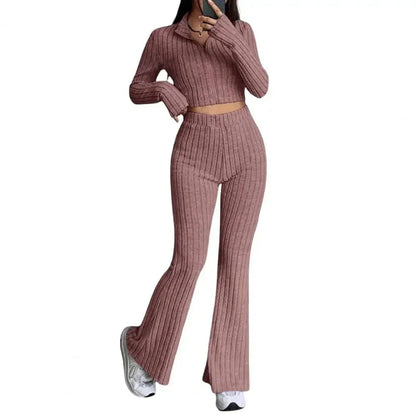 Spring Knit Suit Set – Zipped Top & Flared Pants - LunaKit.LTD