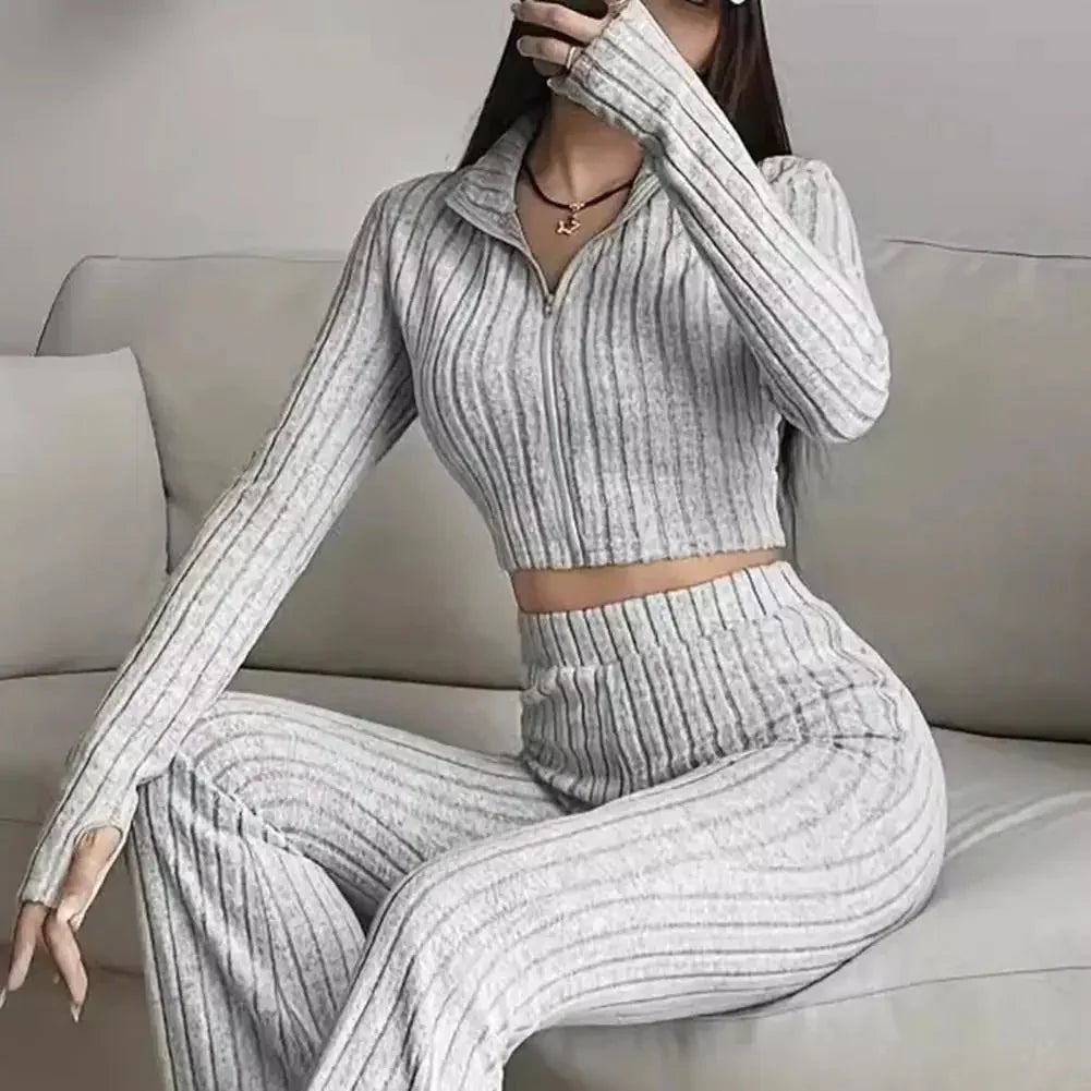 Spring Knit Suit Set – Zipped Top & Flared Pants - LunaKit.LTD