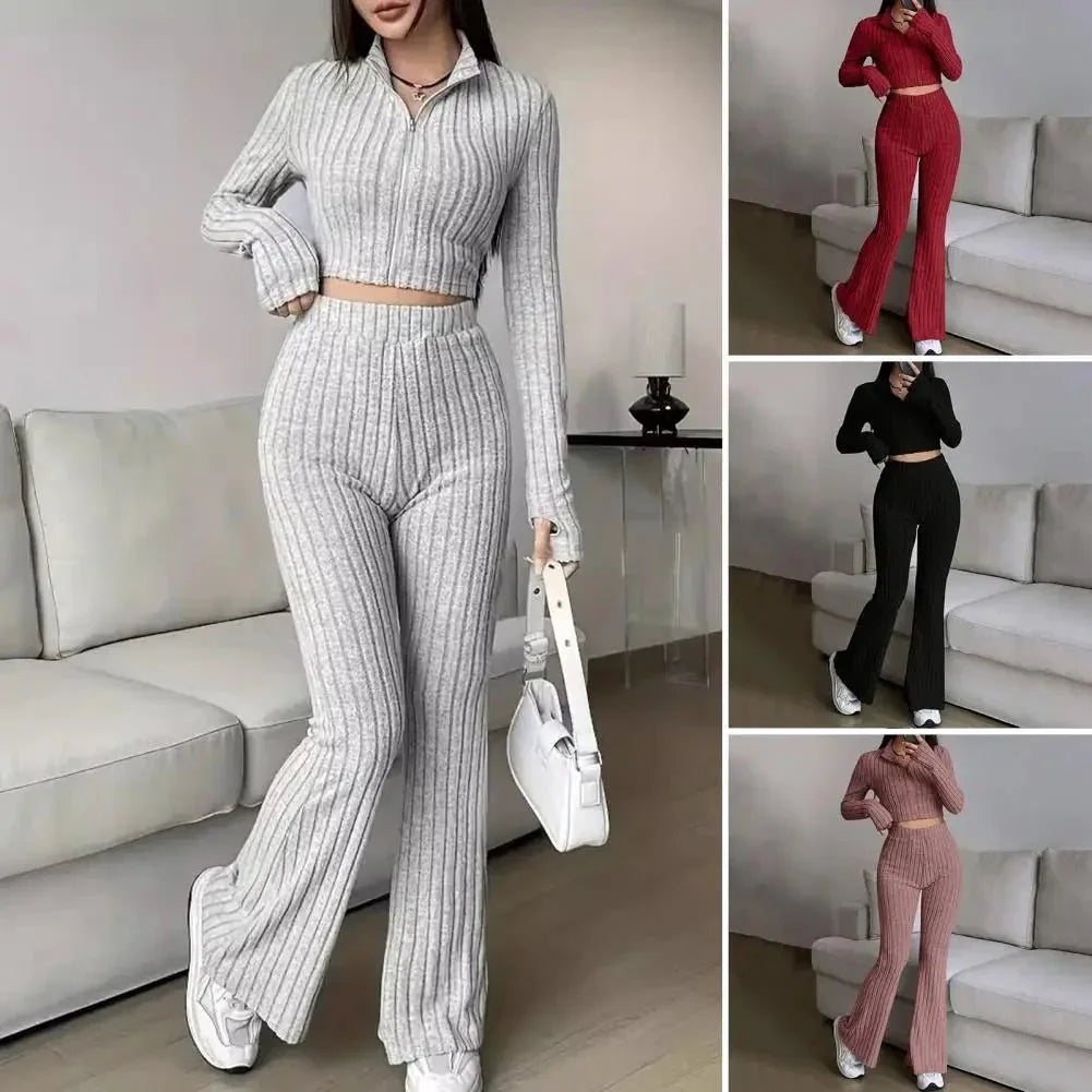 Spring Knit Suit Set – Zipped Top & Flared Pants - LunaKit.LTD