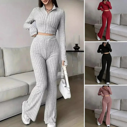 Spring Knit Suit Set – Zipped Top & Flared Pants - LunaKit.LTD