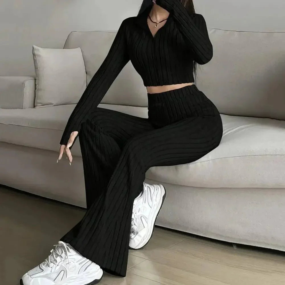 Spring Knit Suit Set – Zipped Top & Flared Pants - LunaKit.LTD