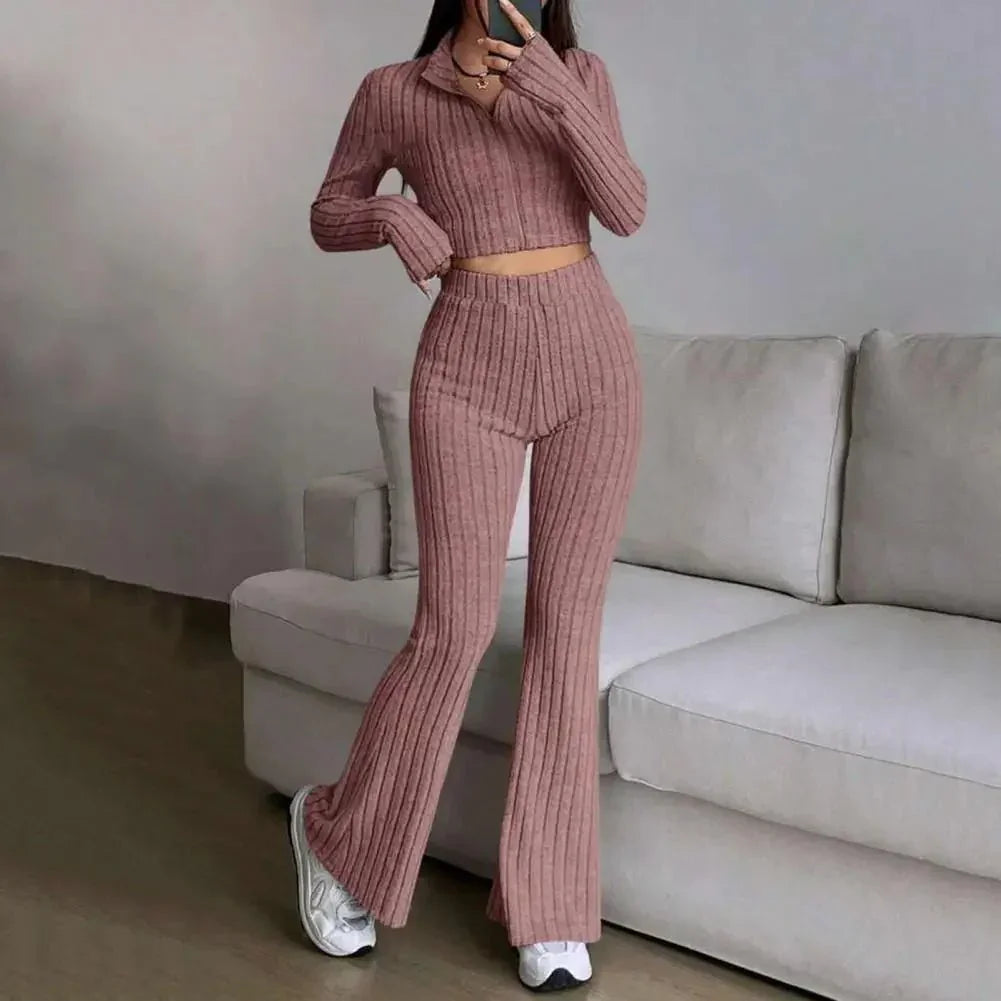 Spring Knit Suit Set – Zipped Top & Flared Pants - LunaKit.LTD
