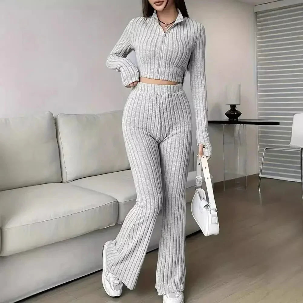 Spring Knit Suit Set – Zipped Top & Flared Pants - LunaKit.LTD