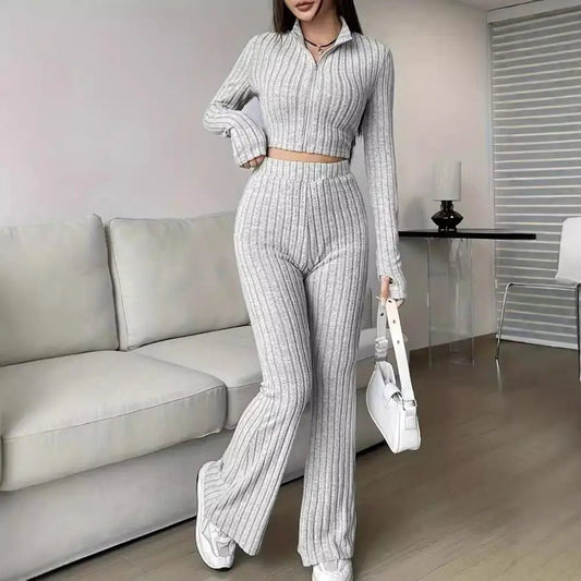 Spring Knit Suit Set – Zipped Top & Flared Pants - LunaKit.LTD
