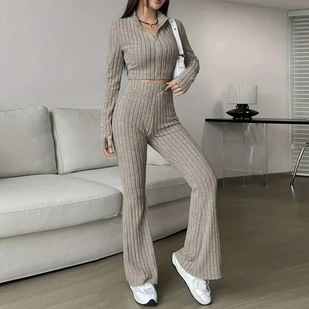 Spring Knit Suit Set – Zipped Top & Flared Pants - LunaKit.LTD