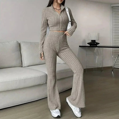 Spring Knit Suit Set – Zipped Top & Flared Pants - LunaKit.LTD