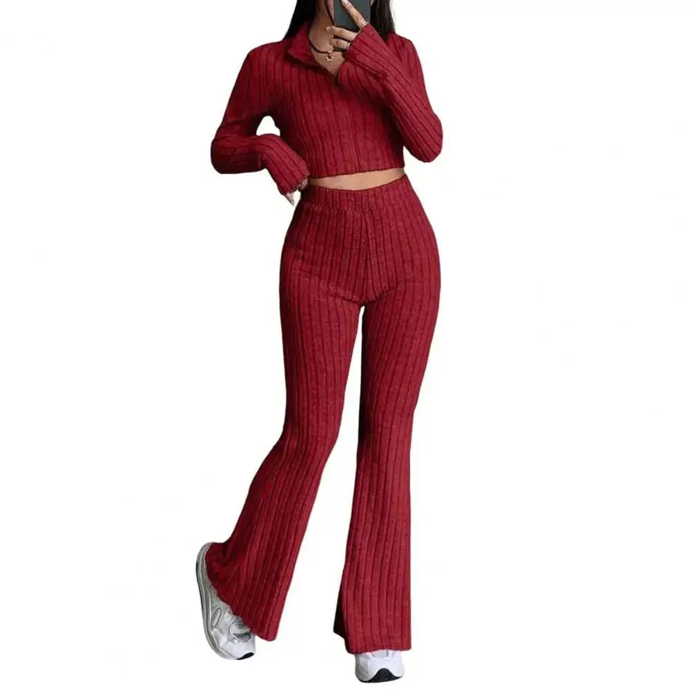 Spring Knit Suit Set – Zipped Top & Flared Pants - LunaKit.LTD