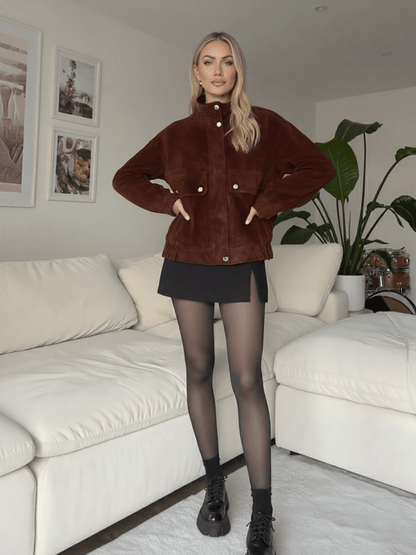 Suede Bomber Jacket – Minimal Button - Up Design - LunaKit.LTD