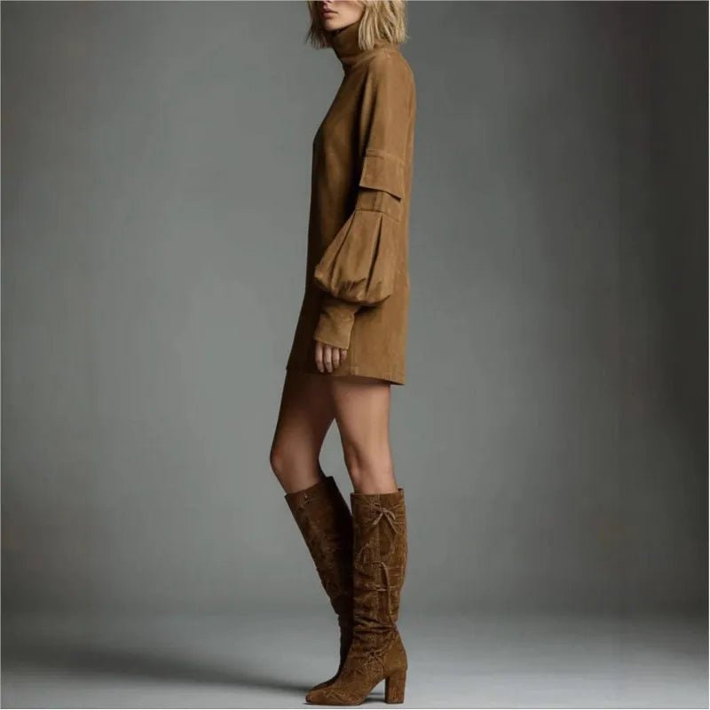Suede High - Collar Midi Dress – Retro Chic with Pockets - LunaKit.LTD