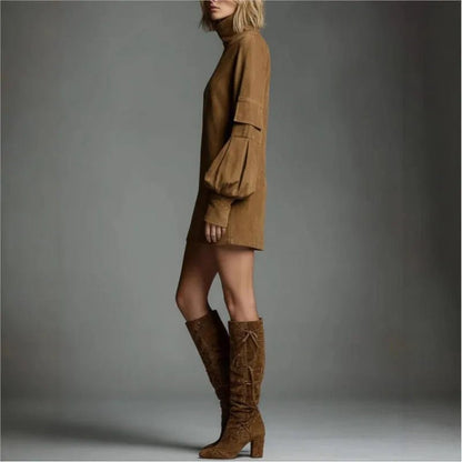 Suede High - Collar Midi Dress – Retro Chic with Pockets - LunaKit.LTD