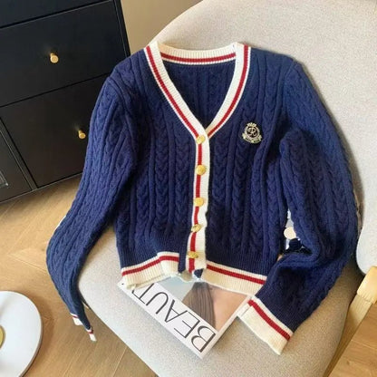 V - Neck Knit Sweater – Retro Badge Embroidery Style - LunaKit.LTD