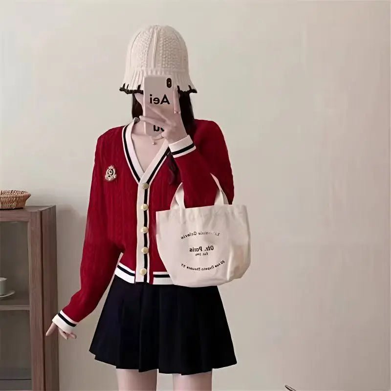 V - Neck Knit Sweater – Retro Badge Embroidery Style - LunaKit.LTD