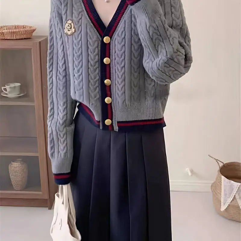 V - Neck Knit Sweater – Retro Badge Embroidery Style - LunaKit.LTD