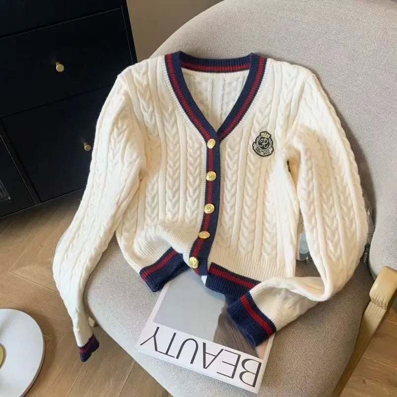V - Neck Knit Sweater – Retro Badge Embroidery Style - LunaKit.LTD