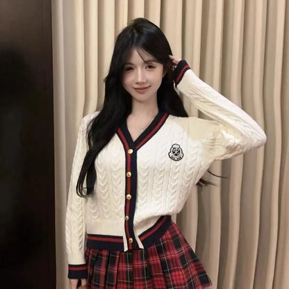 V - Neck Knit Sweater – Retro Badge Embroidery Style - LunaKit.LTD