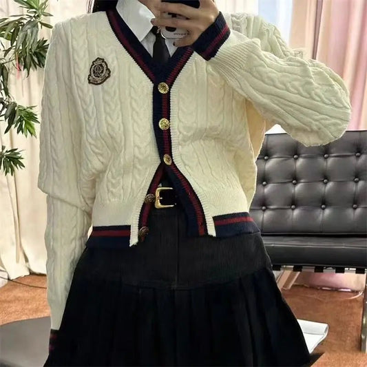 V - Neck Knit Sweater – Retro Badge Embroidery Style - LunaKit.LTD