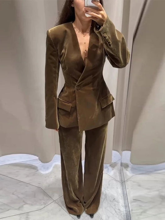 Velvet Two - Piece Suit – Tailored Blazer & Wide - Leg Pants - LunaKit.LTD