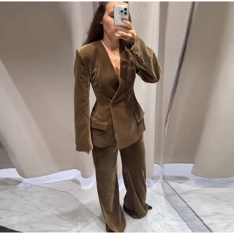 Velvet Two - Piece Suit – Tailored Blazer & Wide - Leg Pants - LunaKit.LTD