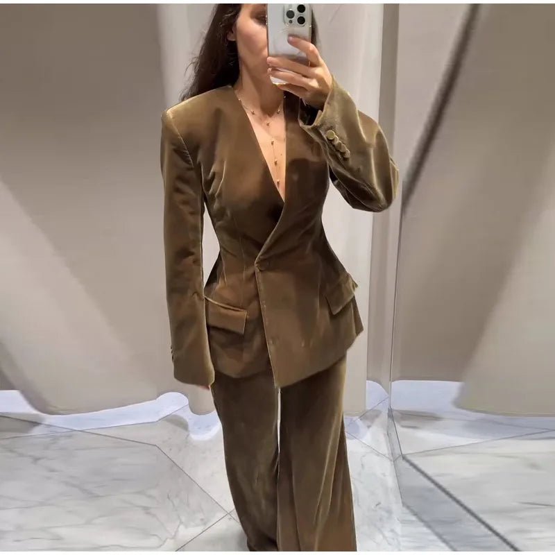 Velvet Two - Piece Suit – Tailored Blazer & Wide - Leg Pants - LunaKit.LTD