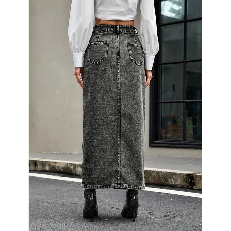 Vintage Button Skirt – Classic Denim Street Look - LunaKit.LTD