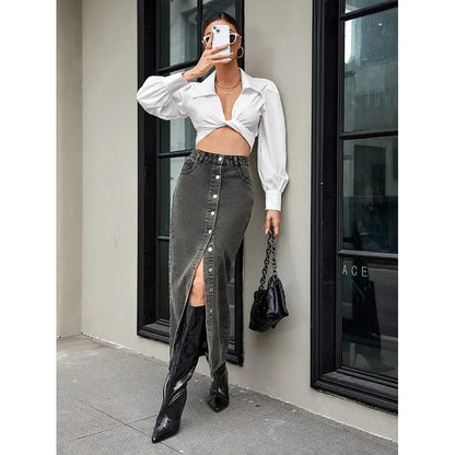 Vintage Button Skirt – Classic Denim Street Look - LunaKit.LTD