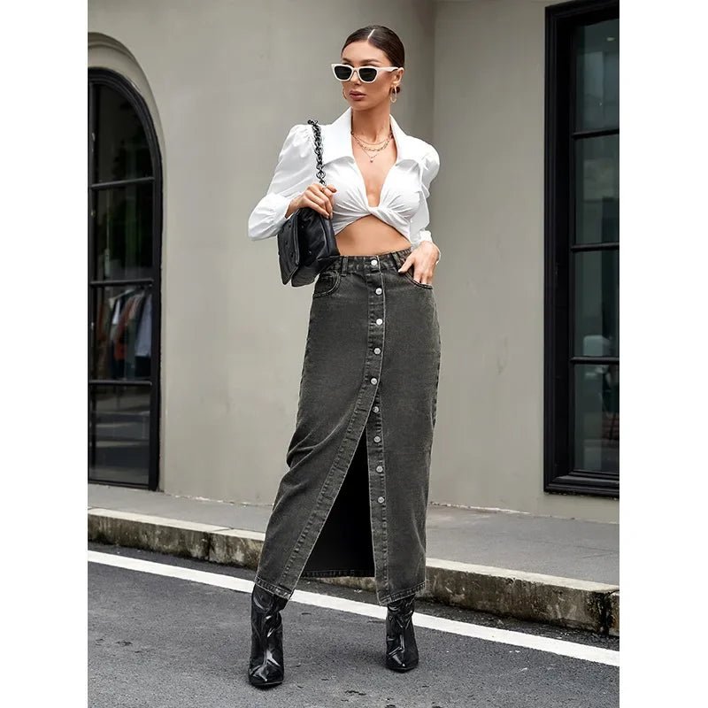 Vintage Button Skirt – Classic Denim Street Look - LunaKit.LTD