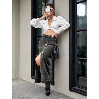 Vintage Button Skirt – Classic Denim Street Look - LunaKit.LTD