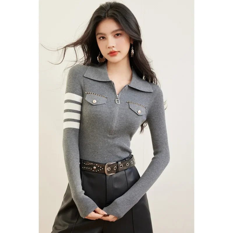 Zippered Striped Sweater – Modern Casual Style - LunaKit.LTD