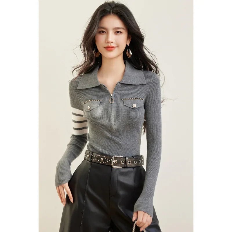 Zippered Striped Sweater – Modern Casual Style - LunaKit.LTD