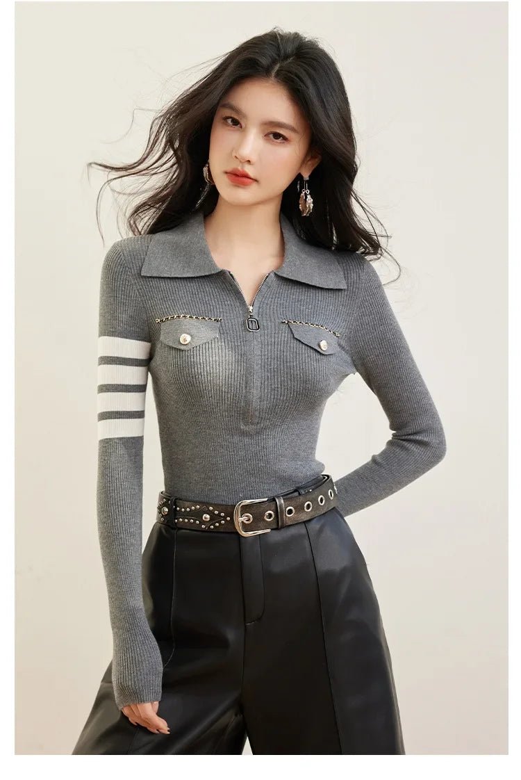 Zippered Striped Sweater – Modern Casual Style - LunaKit.LTD