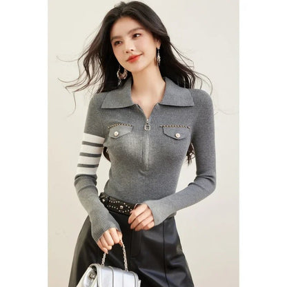Zippered Striped Sweater – Modern Casual Style - LunaKit.LTD