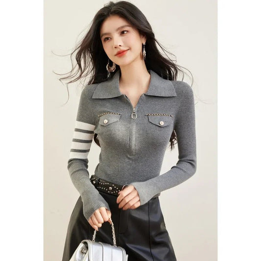 Zippered Striped Sweater – Modern Casual Style - LunaKit.LTD