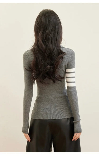 Zippered Striped Sweater – Modern Casual Style - LunaKit.LTD