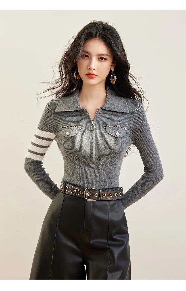 Zippered Striped Sweater – Modern Casual Style - LunaKit.LTD