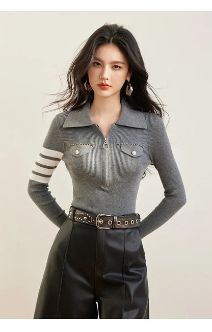 Zippered Striped Sweater – Modern Casual Style - LunaKit.LTD
