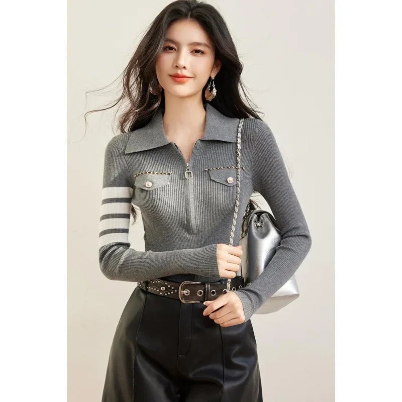 Zippered Striped Sweater – Modern Casual Style - LunaKit.LTD