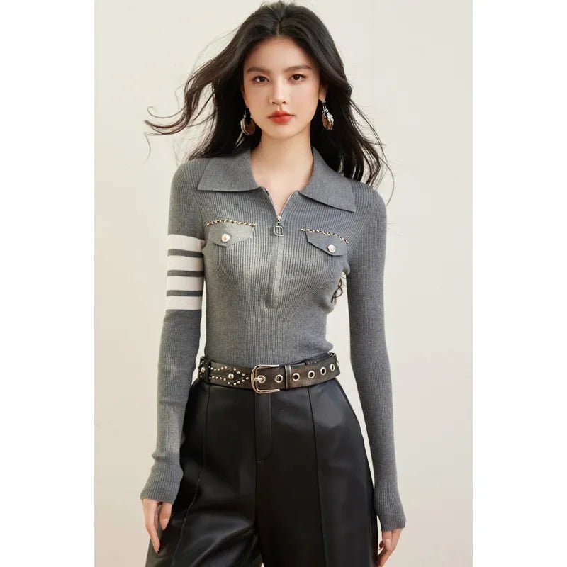 Zippered Striped Sweater – Modern Casual Style - LunaKit.LTD