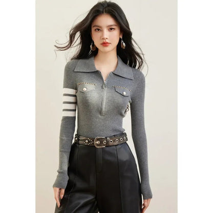 Zippered Striped Sweater – Modern Casual Style - LunaKit.LTD